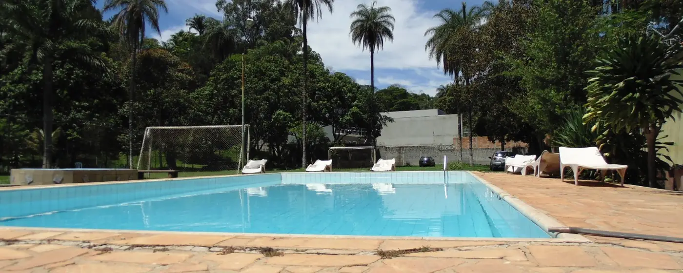 Piscina com espreguiçadeiras e palmeiras ao redor